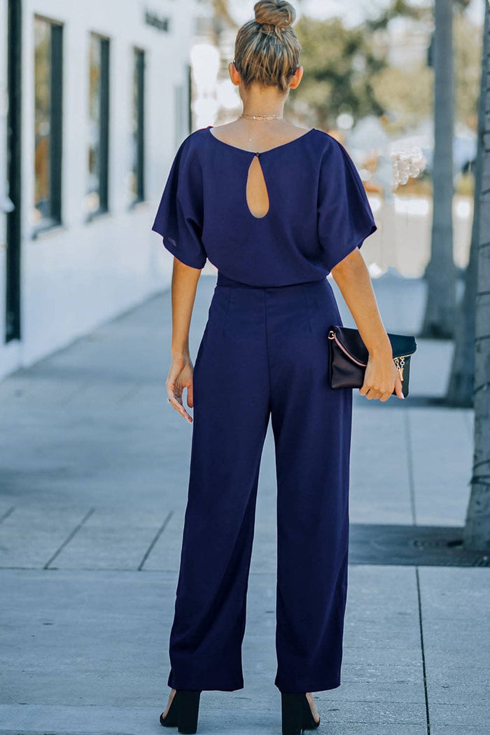 Belted Wide Leg Jumpsuit: Blue