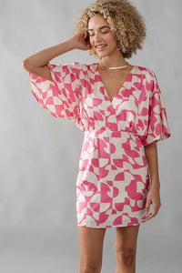 Pink Batwing Sleeve Geo Print Mini Dress