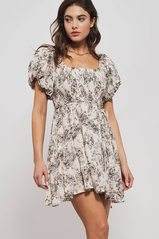 Floral Pleated Mini Dress in Black