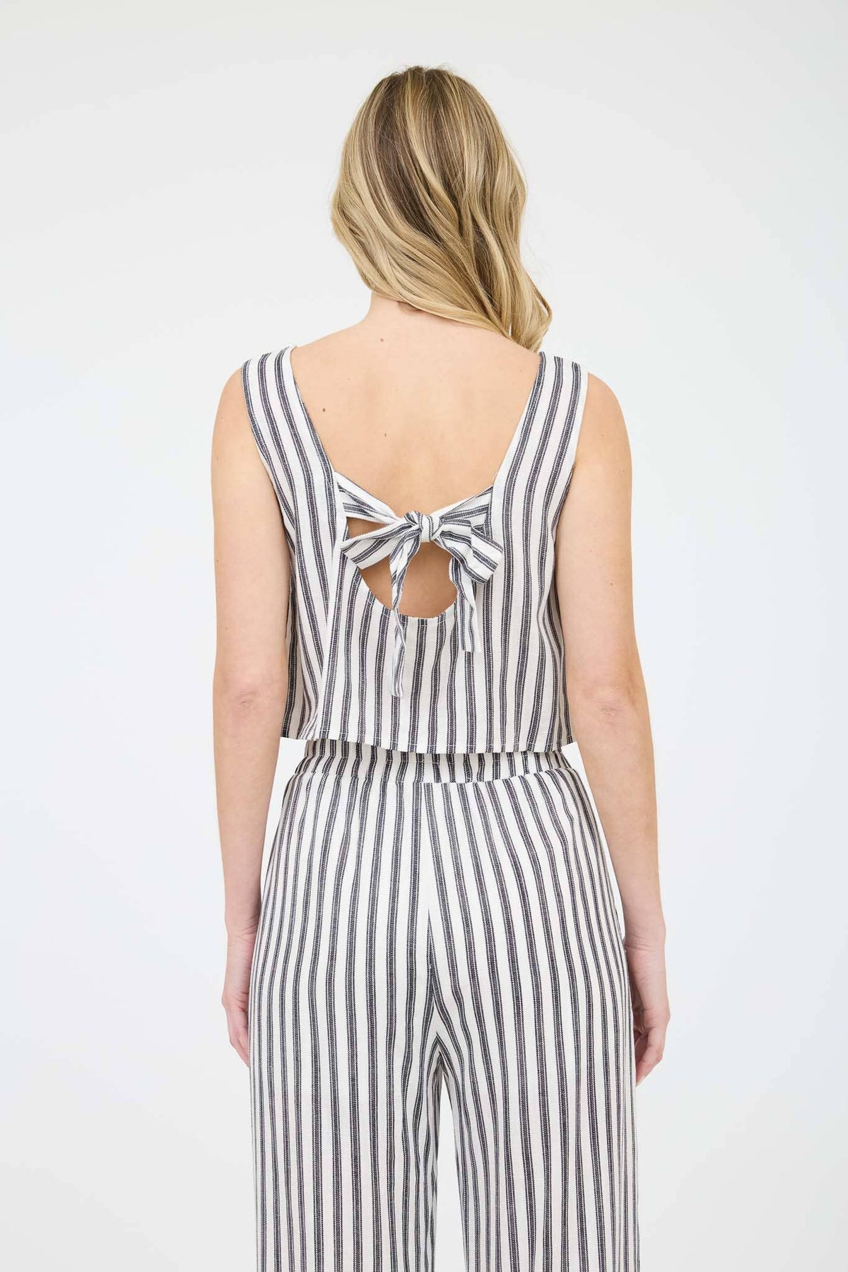 Stripe Linen Back Tie Detail Sleeveless Top in Khaki