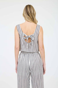 Stripe Linen Back Tie Detail Sleeveless Top in Khaki