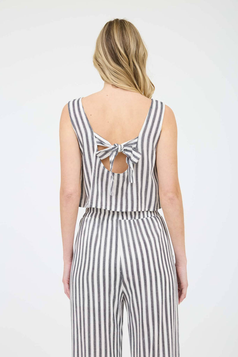 Stripe Linen Back Tie Detail Sleeveless Top in Khaki