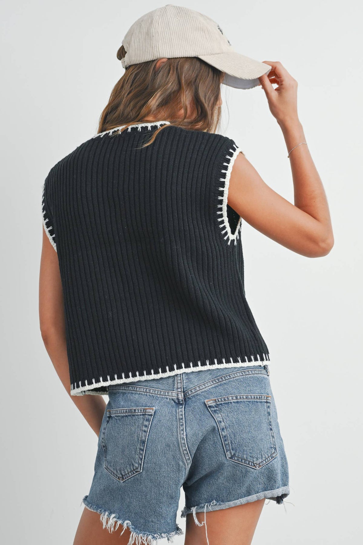 Solid Cap Sleeve Sweater Vest in Ivory and Black