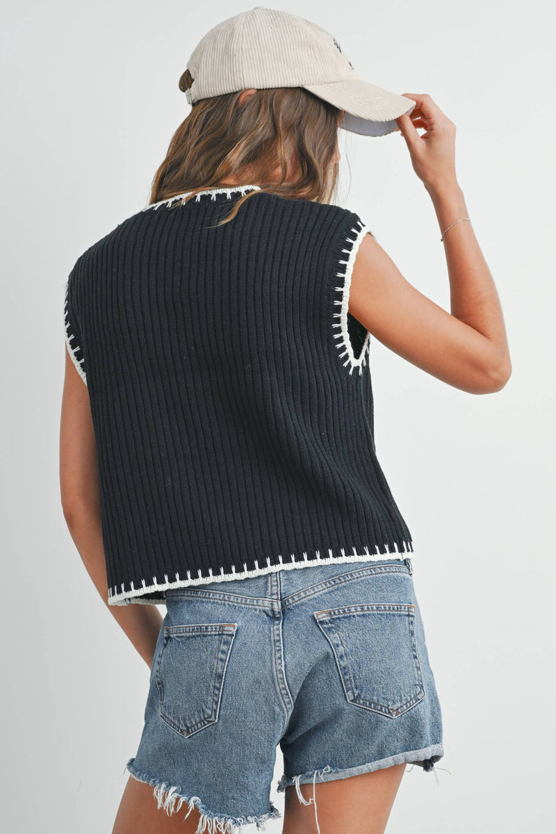 Solid Cap Sleeve Sweater Vest in Ivory and Black
