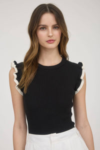 Ruffle Sleeve Sweater Knit Top in Black with Ruffle
