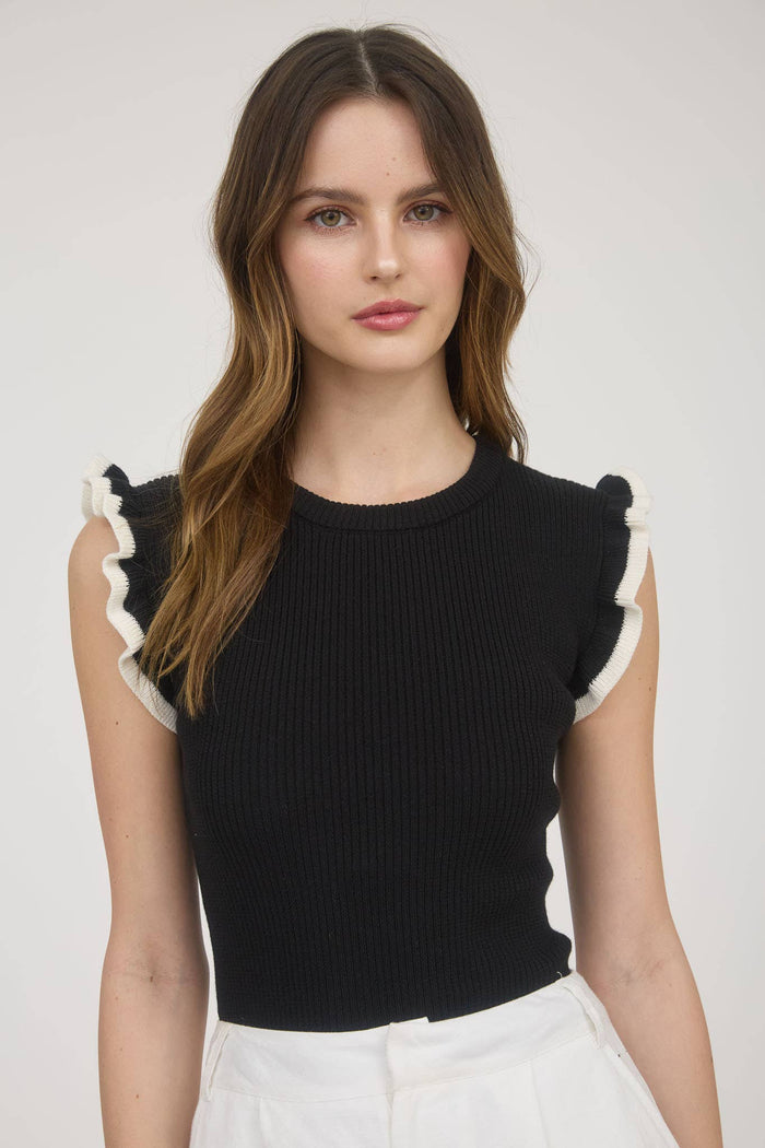 Ruffle Sleeve Sweater Knit Top in Black with Ruffle