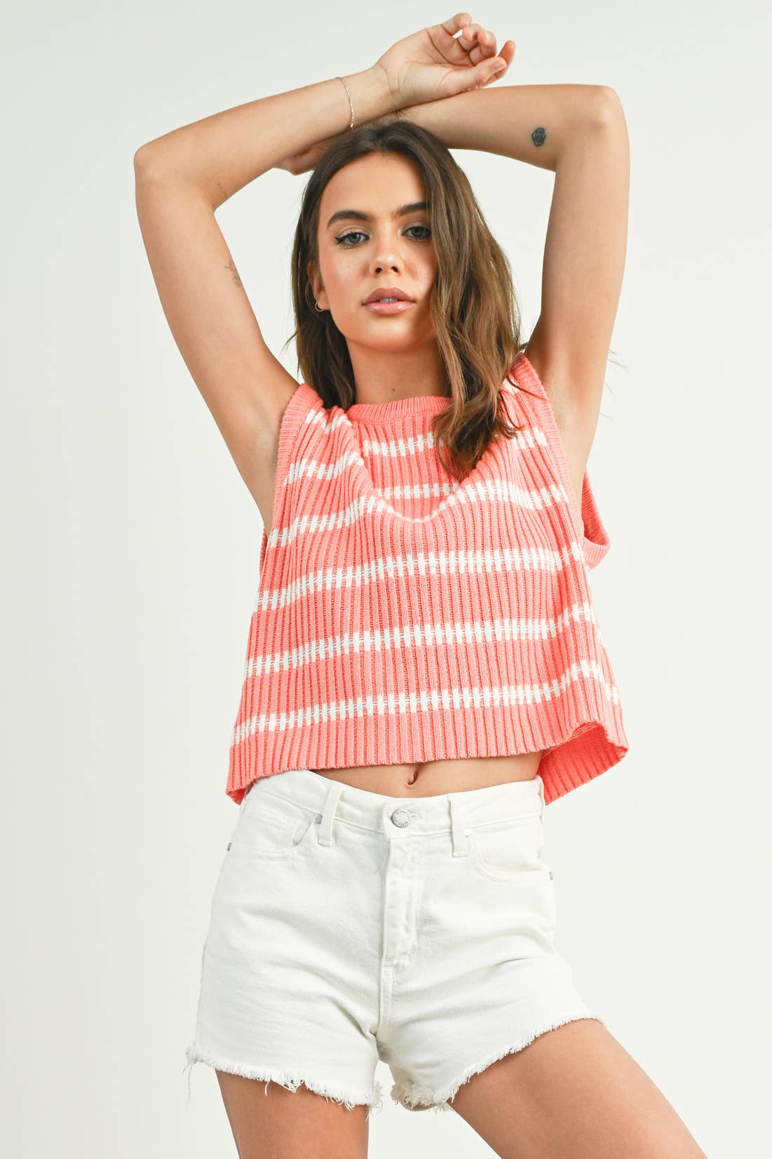 Crew Neck Striped Knit Tank Top in Ivory and Green