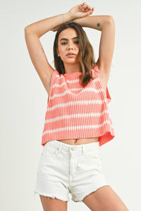 Crew Neck Striped Knit Tank Top in Ivory and Green