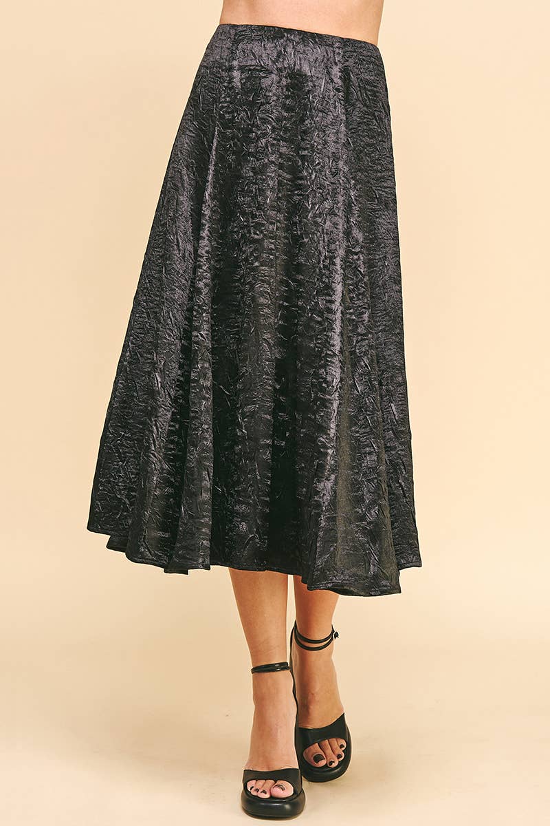 Textured Satin Midi Skirt in Black
