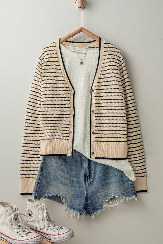 Pyramidal Striped Cardigan in Tan and Black