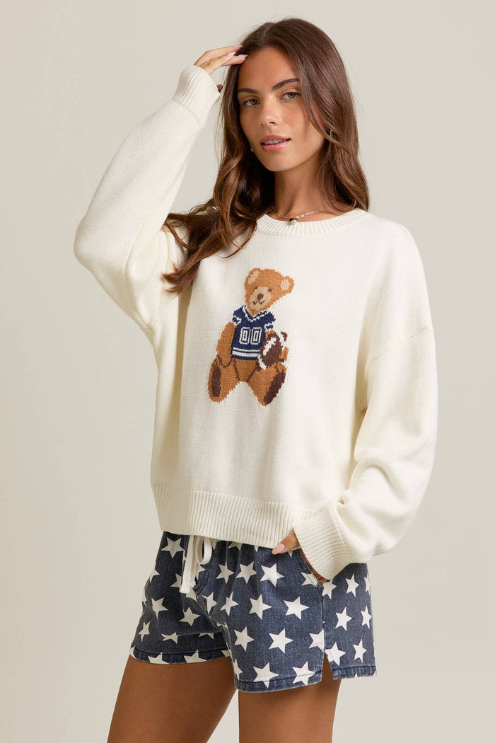 Long Sleeve Crew Neck Teddy Bear Graphic Sweater