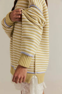 * Drop Shoulder Oversized Knit Sweater Pullover in Beige Stripe