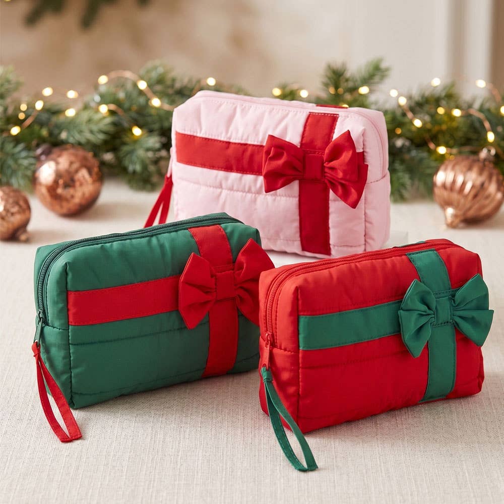 Christmas Gift Bow Quilted Cosmetic Pouch Bag: Pink