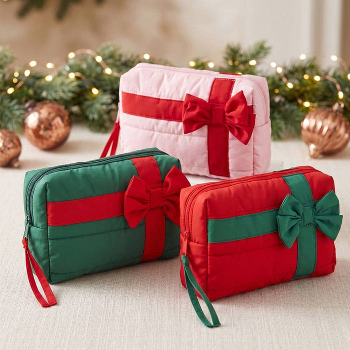 Christmas Gift Bow Quilted Cosmetic Pouch Bag: Pink