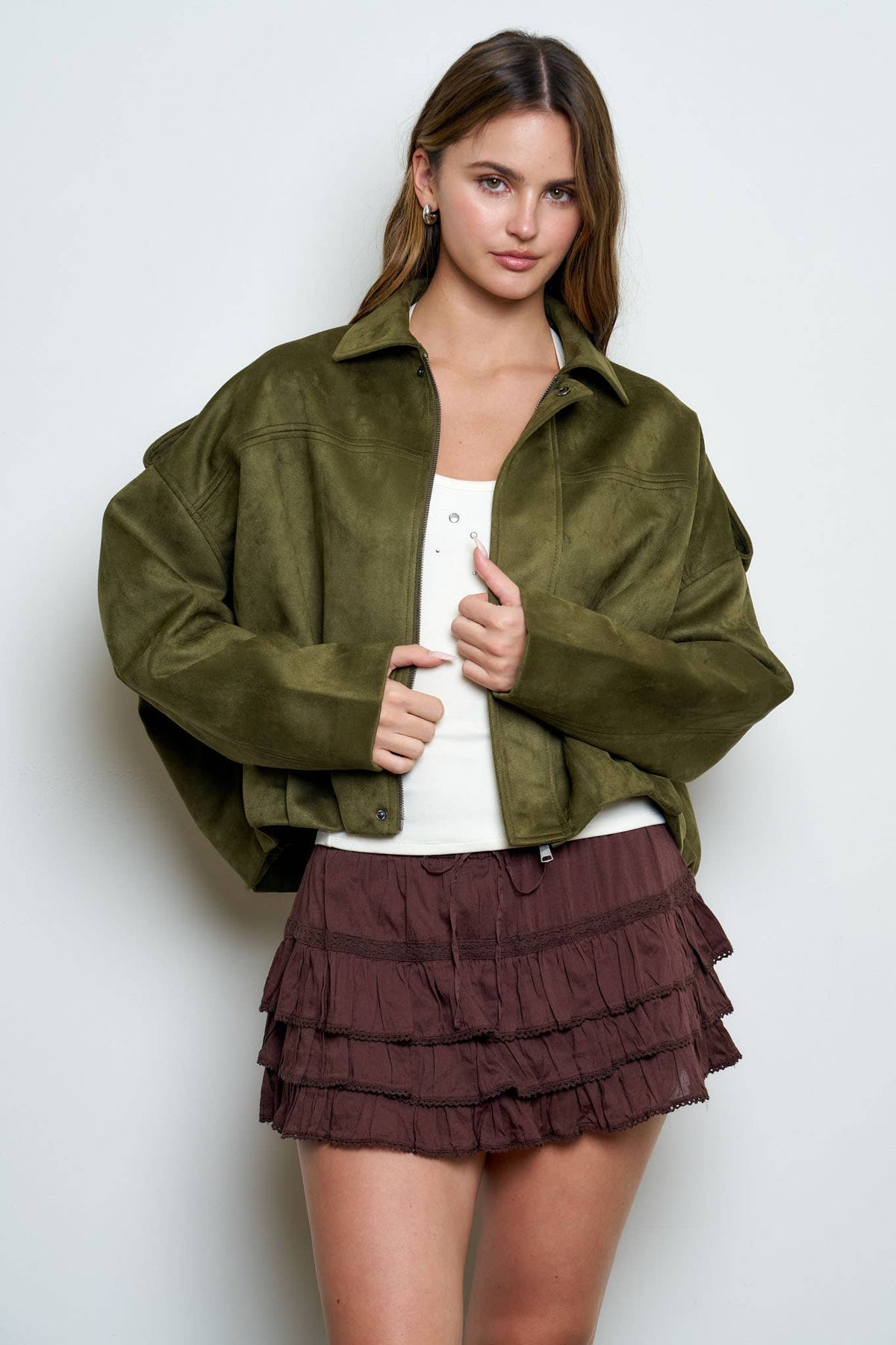 SUEDE EPAULET COLLARED ZIP-UP CROPPED JACKET : OLIVE