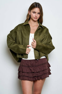 SUEDE EPAULET COLLARED ZIP-UP CROPPED JACKET : OLIVE