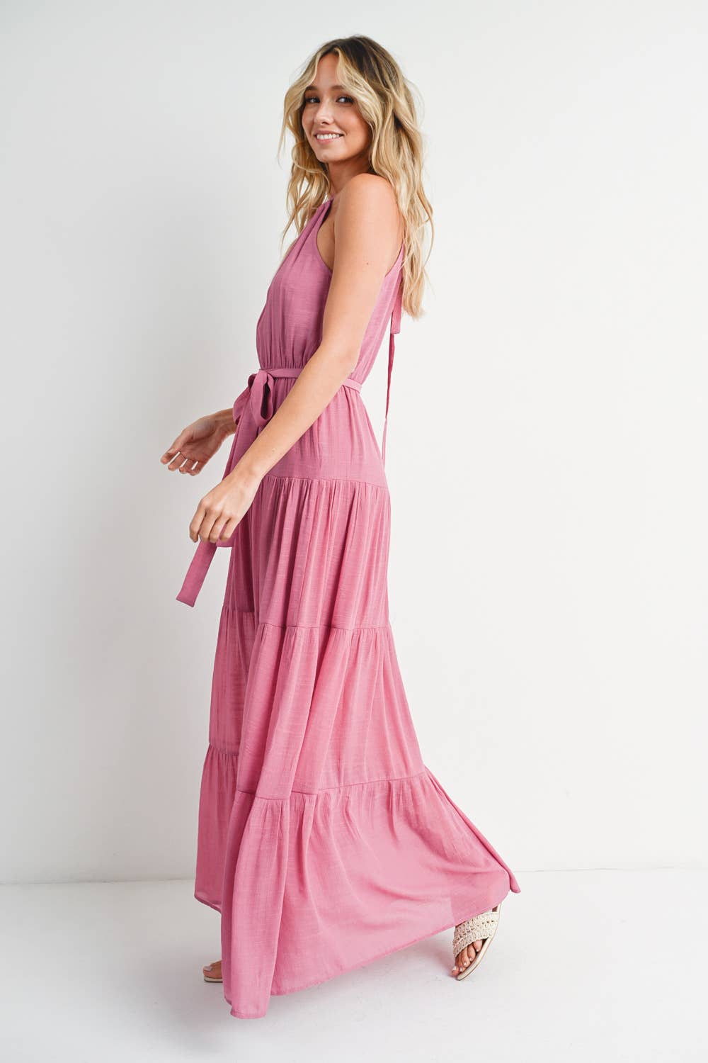 Tiered Halter Tie-Waist Maxi Dress in Rose