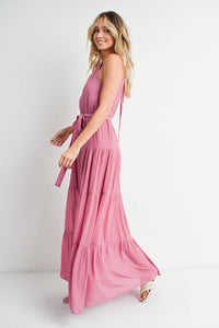 Tiered Halter Tie-Waist Maxi Dress in Rose