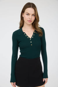 Collared Gold Snap Button Long Sleeve Sweater Knit in Hunter Green