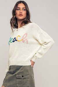 Beach Embroidered Crochet Knit Sweater in Ivory