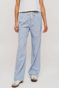 Blue Pinstripe Drawstring Wide Leg Lounge Pants in Blue