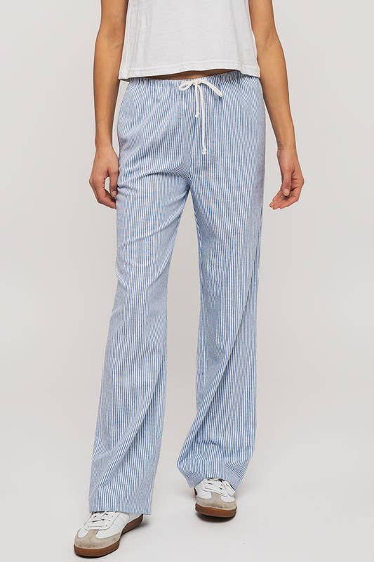 Blue Pinstripe Drawstring Wide Leg Lounge Pants in Blue