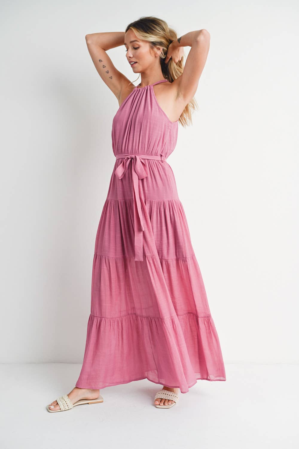 Tiered Halter Tie-Waist Maxi Dress in Rose