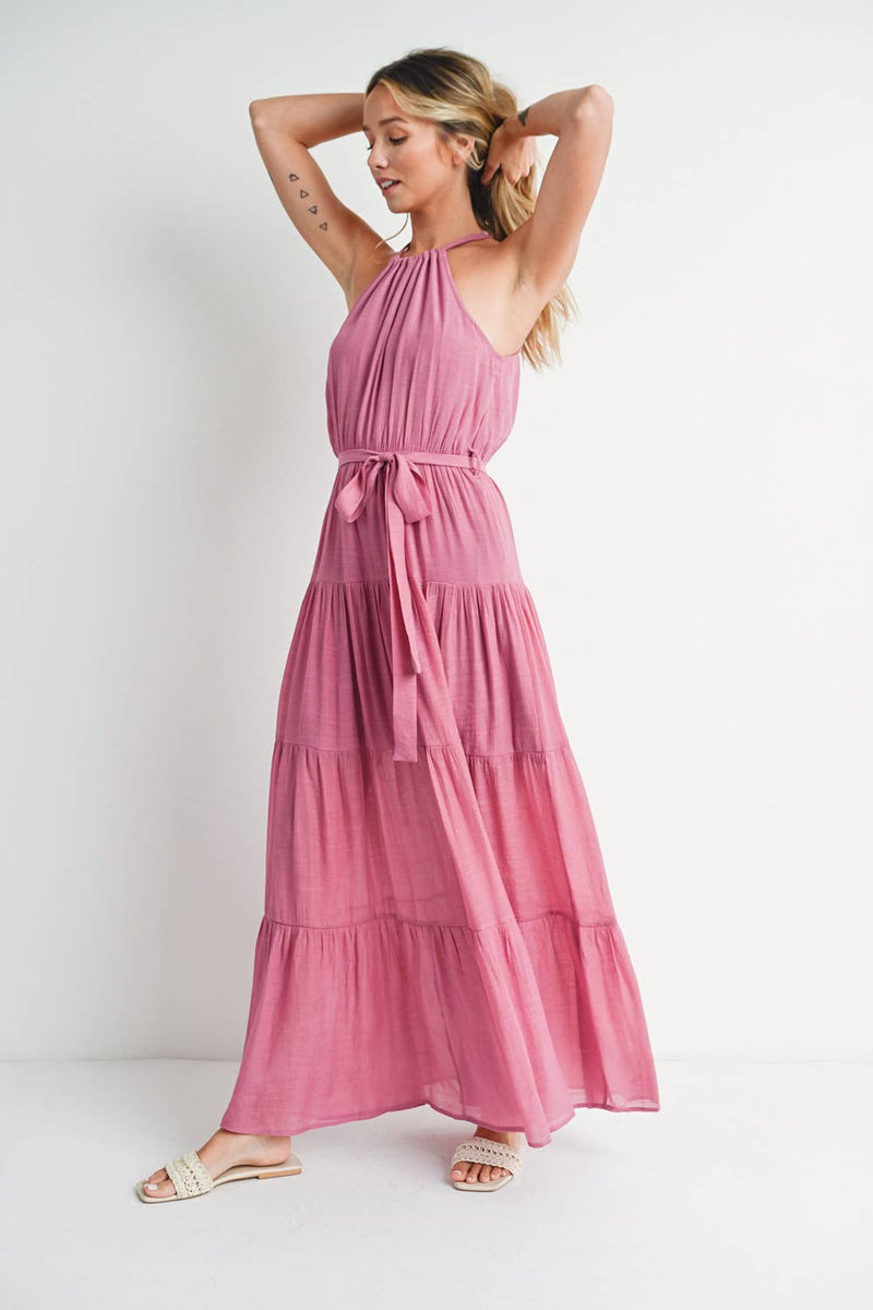 Tiered Halter Tie-Waist Maxi Dress in Rose