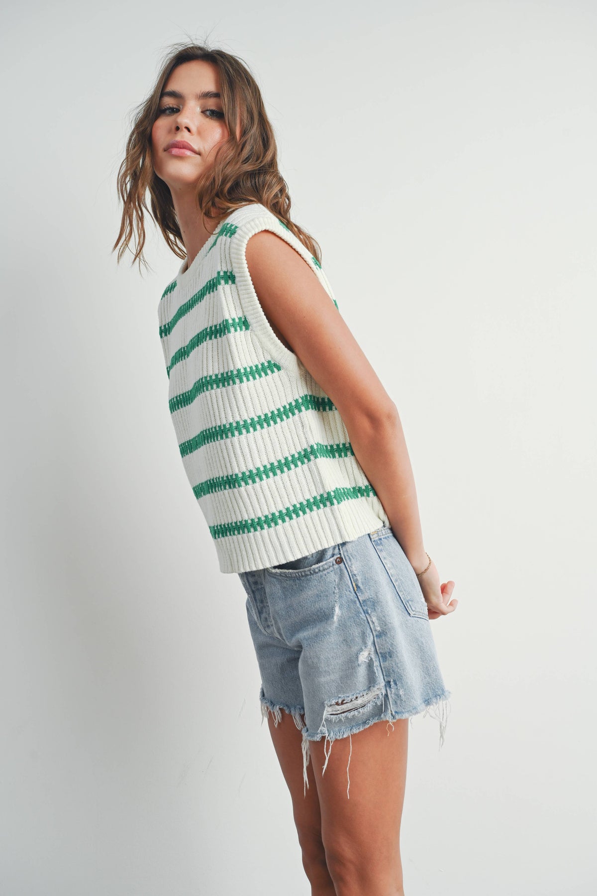 Crew Neck Striped Knit Tank Top in Ivory and Green