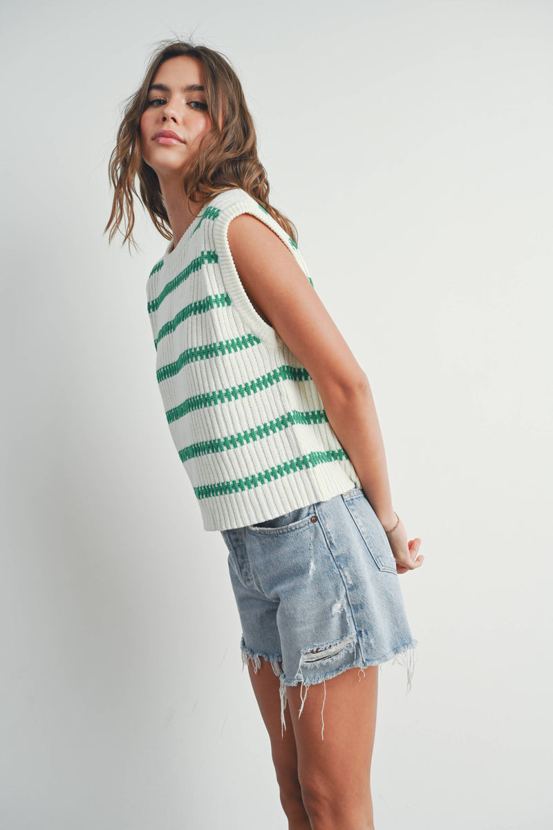 Crew Neck Striped Knit Tank Top in Ivory and Green
