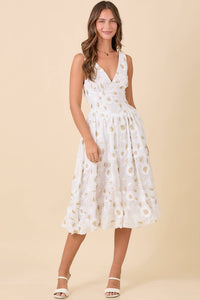 Low V-neck Floral Midi Dress in White