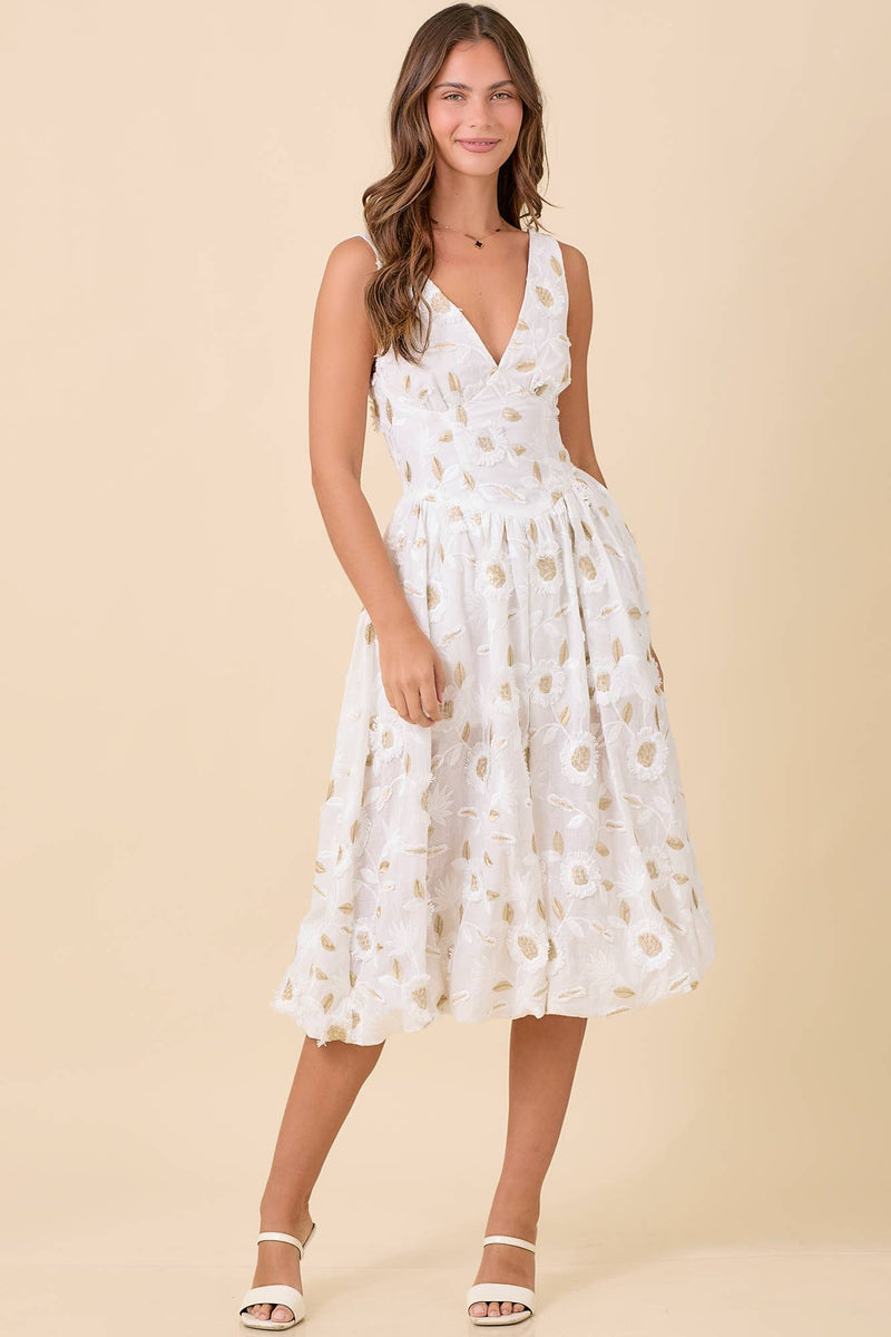 Low V-neck Floral Midi Dress in White