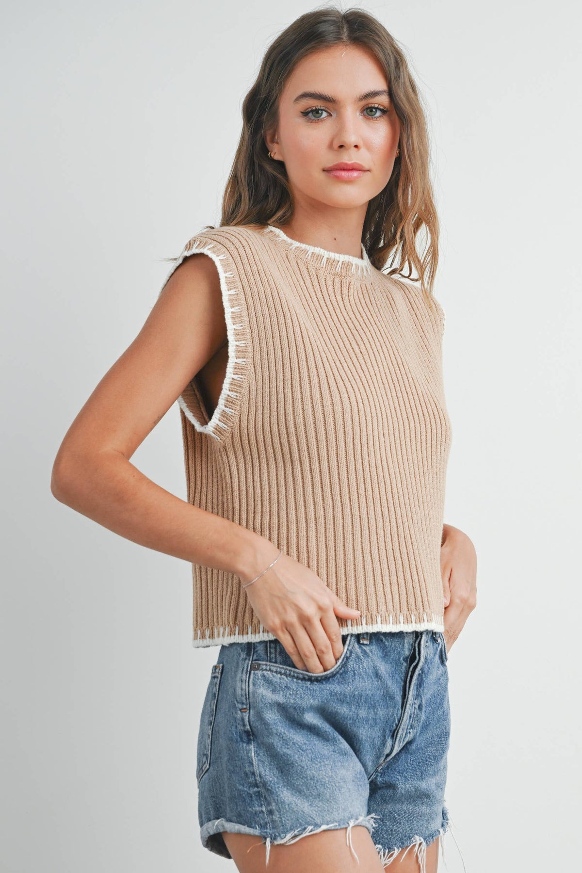 Solid Cap Sleeve Sweater Vest in Ivory and Black