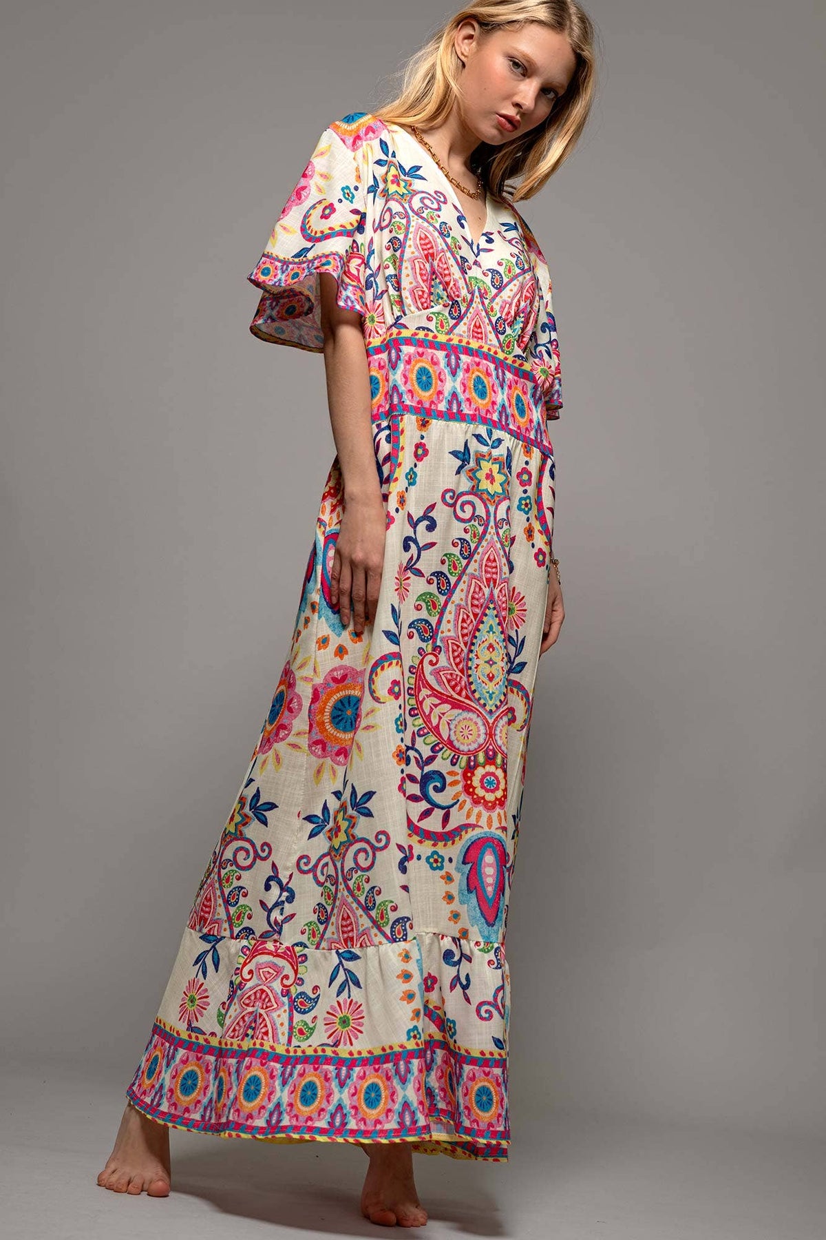 Paisley Flutter Sleeve Smocked Dress in Ivory