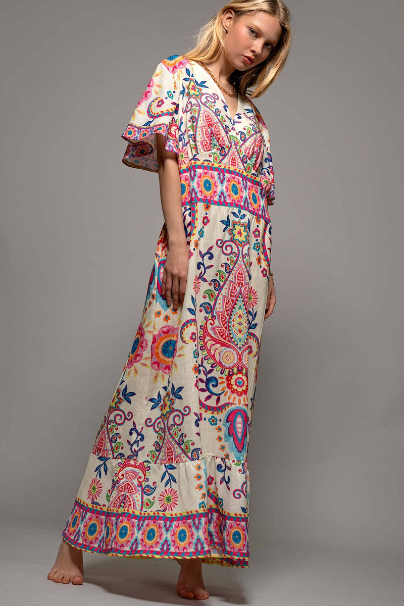 Paisley Flutter Sleeve Smocked Dress in Ivory