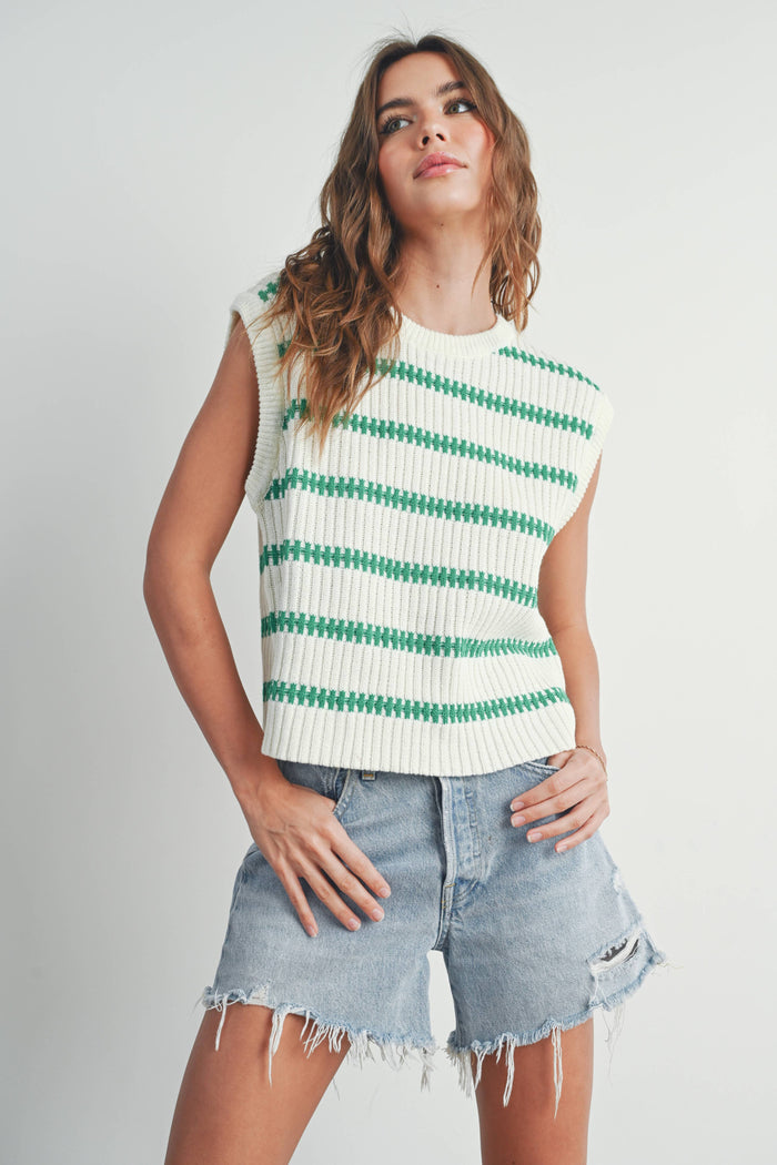 Crew Neck Striped Knit Tank Top in Ivory and Green