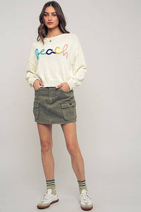 Beach Embroidered Crochet Knit Sweater in Ivory