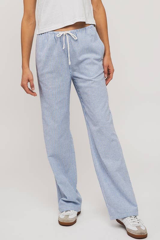 Blue Pinstripe Drawstring Wide Leg Lounge Pants in Blue