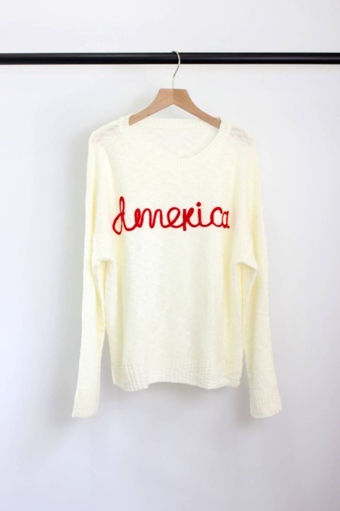 America Embroidered Crewneck Sweater in White