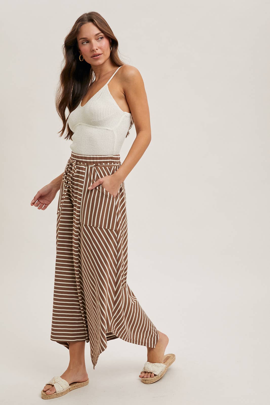 Drawstring Striped Wide Leg Palazzo Pants in Coco Combo