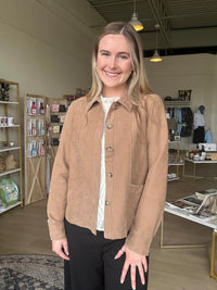 Suede Button Down Shacket in Latte