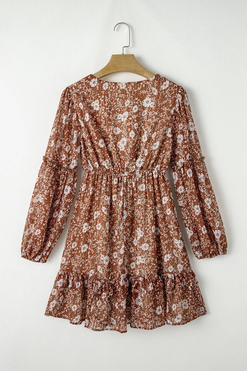Boho Floral Ruffle V-Neck Mini Dress in Brown