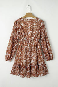 Boho Floral Ruffle V-Neck Mini Dress in Brown