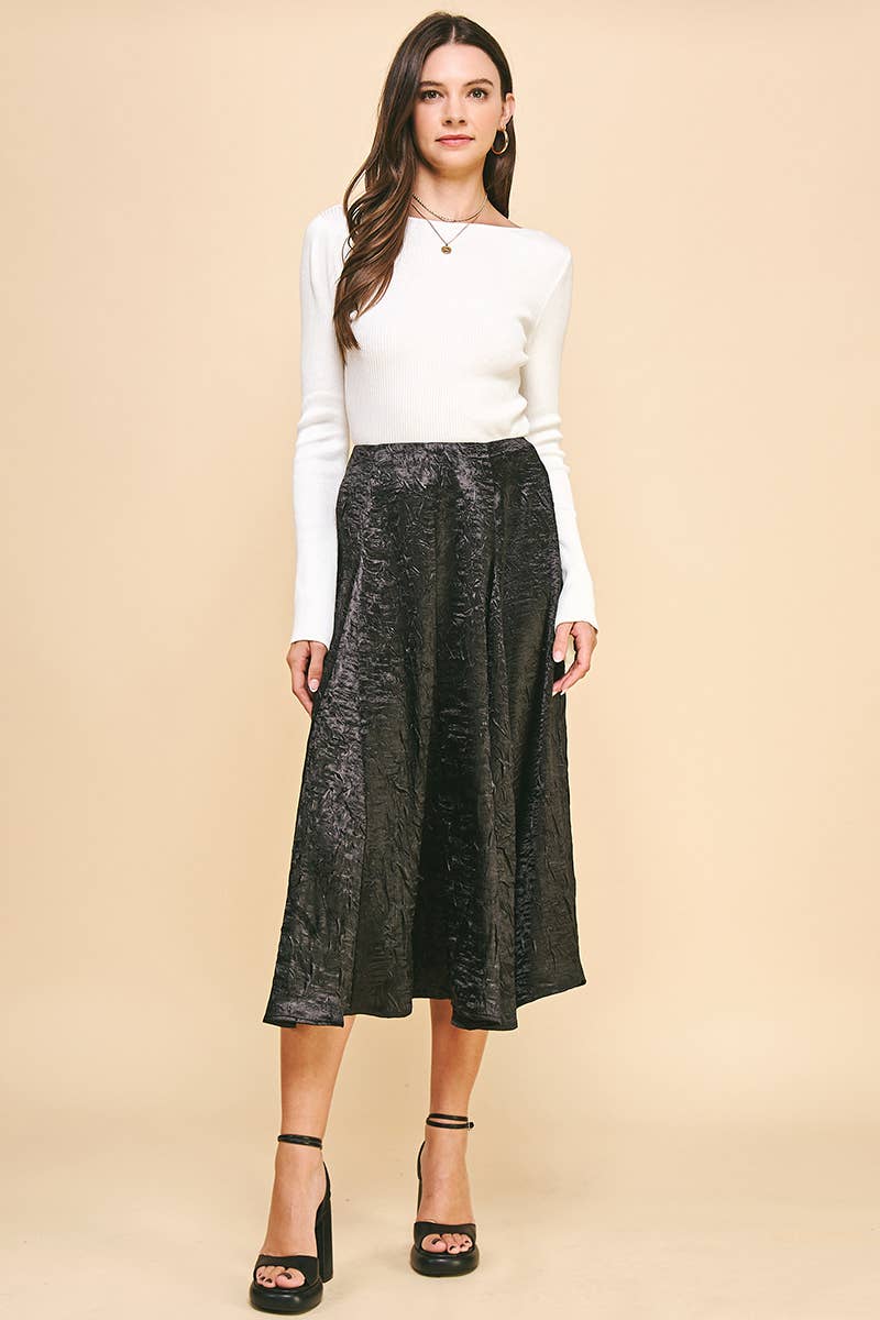 Textured Satin Midi Skirt in Black
