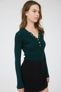Collared Gold Snap Button Long Sleeve Sweater Knit in Hunter Green