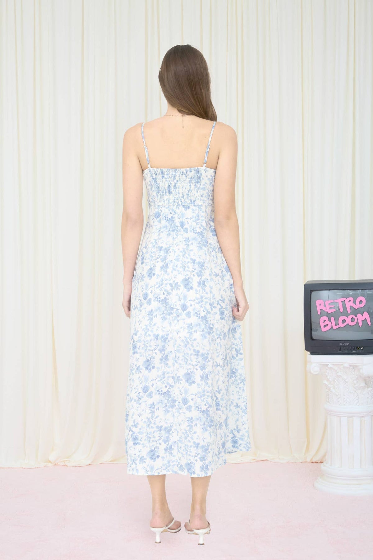 WATERCOLOR FLORAL SPAGHETTI STRAP MIDI DRESS