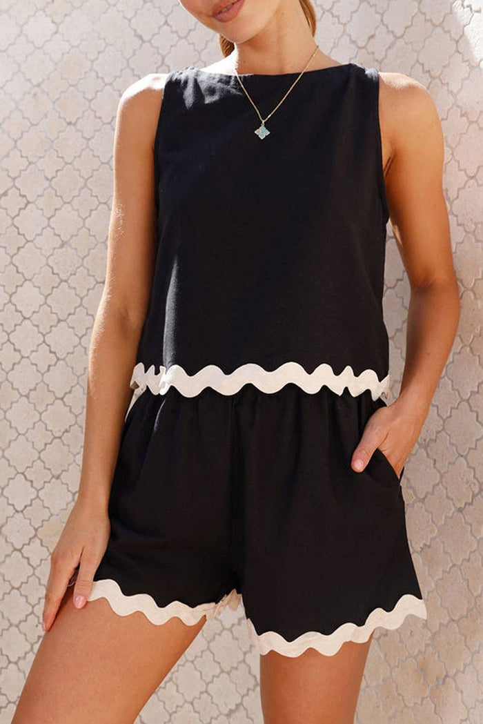 Ricrac Trim Tank Top Elastic Waist Shorts Set in Black, Size Small