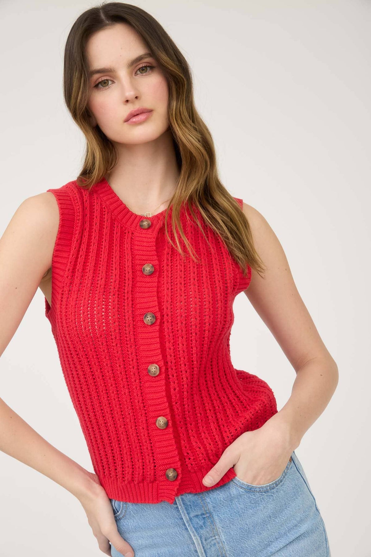 Crew Neck Button Down Sleeveless Knit Cardigan in Black