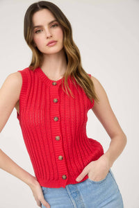 Crew Neck Button Down Sleeveless Knit Cardigan in Black