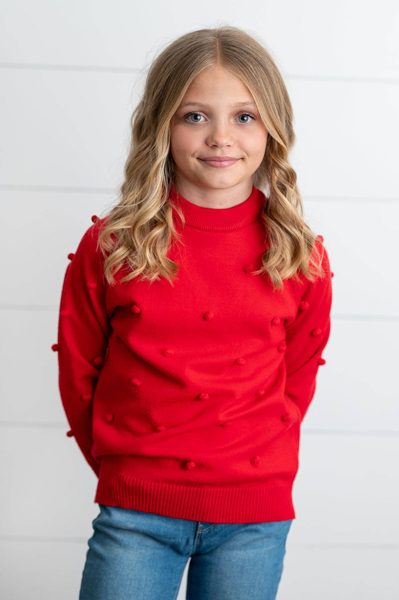 Kids Red Pom Pom Crewneck Sweater